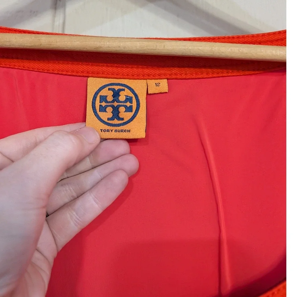 Tory Burch Orange‎ Red Cotton Belted Sheath Dress Square Neck Pockets